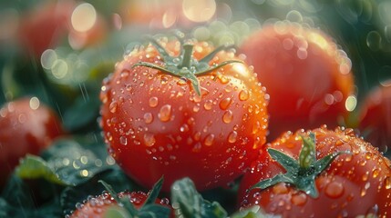 Close-up of fresh, ripe tomatoes glistening with water droplets in a garden.