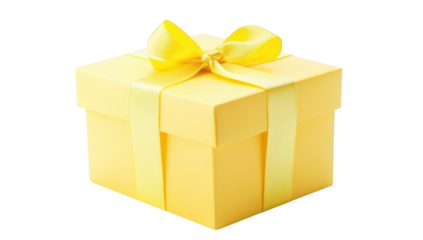 A beautifully wrapped yellow gift box adorned with a ribbon. placed on a clean. white surface. suggesting a celebration or special occasion in a serene setting