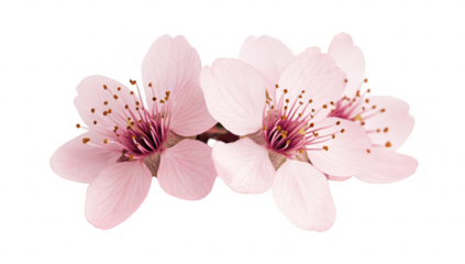 A close-up view of delicate pink cherry blossom flowers arranged gracefully. their intricate petals and stamens. set against a soft white background ideal for nature-themed designs