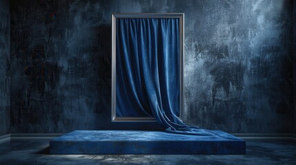 Dramatic Blue Velvet Curtain and Stage in a Dark Room