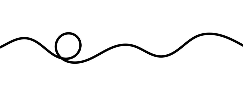 Black wavy line with circular loop on transparent background for decorative dividers, doodle accents, and abstract design elements