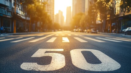 A large white '50' speed limit marking on an urban street.