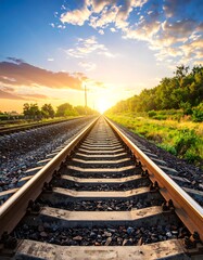 Fototapeta premium Golden hour sunlight illuminates a railroad track stretching into a verdant landscape, suggesting a journey and limitless possibilities.