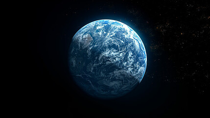 Naklejka premium Earth seen from space, a vibrant blue planet surrounded by the vastness of space, with visible landmasses and atmospheric details.