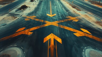 A multiple arrows painted on the road at a complex intersection.