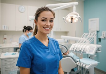 Smiling dental professional in blue scrubs stands confidently in a modern well lit dental office with equipment in background