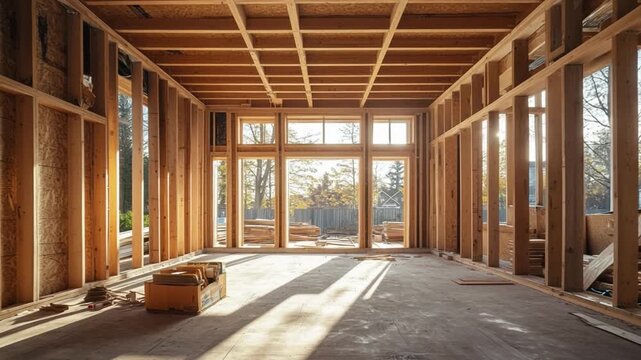 Wooden Architecture Framework: An elegant interior view showcasing an unfinished framework of a building with wooden structure, filled with natural light.