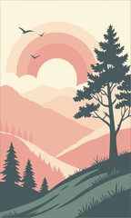 Serene mountain vista at sunset with birds in flight, a peaceful and inspiring landscape perfect for travel, adventure and nature enthusiasts