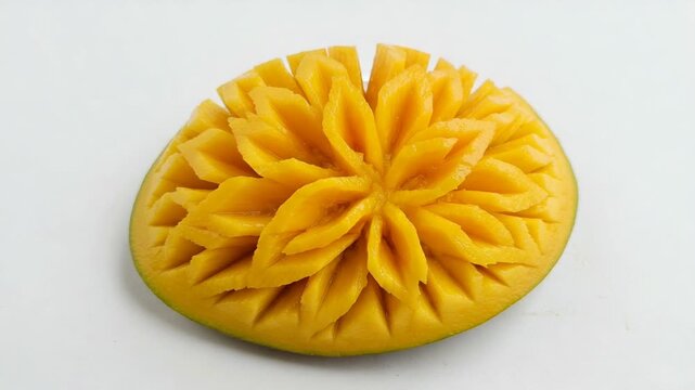 Intricately carved mango slice showcasing floral design