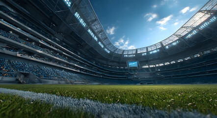 Modern empty stadium with fresh green field and grandstands under clear sky sports arena architecture venue waiting for game event