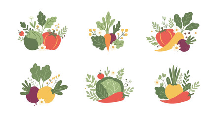 Vibrant collection of fresh, healthy vegetables artfully arranged with leaves and delicate flowers, perfect for culinary or wellness themes