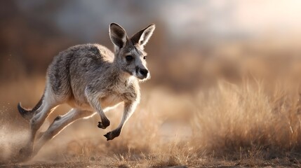 Fototapeta premium A wild kangaroo in full motion leaping across a dry outback terrain under warm golden hour sunlight kicking up a cloud of dust