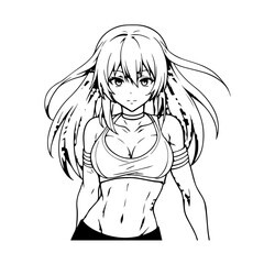 Black and white hot anime character line art illustration, stylish minimal outline drawing in clean style