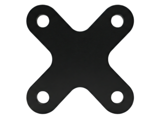 Black metal mounting bracket in the shape of a cross on a transparent background