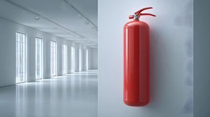 Fire Extinguisher on White Wall in Modern Office: Safety Equipment for Emergency Response