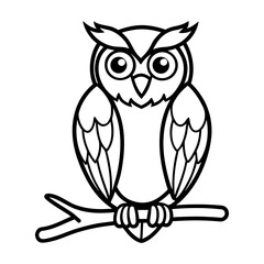 Fototapeta premium Cute cartoon owl sitting on a branch black and white illustration