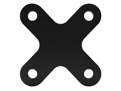 Black metal mounting bracket in the shape of a cross on a transparent background