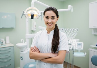 Smiling young female dentist wearing a white coat stands confidently with arms crossed in a modern dental clinic