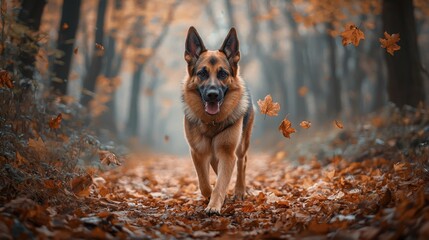 Friendly German Shepherd dog walking through a colorful autumn forest with falling leaves on a peaceful fall day, showcasing an outdoor scene with vibrant fall foliage and nature ambiance