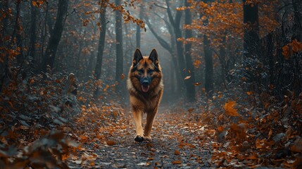 German Shepherd Dog Walking along a Leaf-Littered Forest Path in Autumn with Orange and Brown Foliage and Mystical Foggy Atmosphere