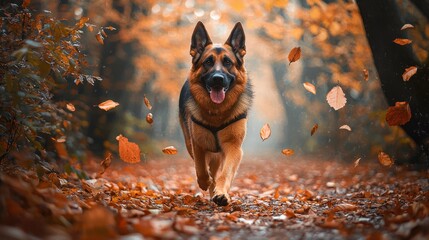 Happy German Shepherd Running Through an Autumn Forest with Falling Leaves in Warm Sunset Light