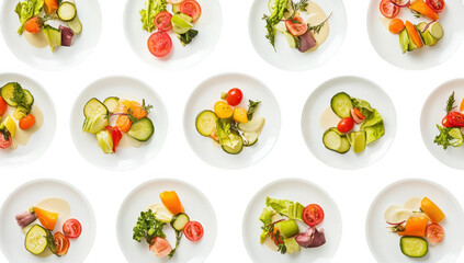 A display of assorted fresh vegetables elegantly arranged on white plates. a variety of colors and textures. perfect for a healthy meal presentation
