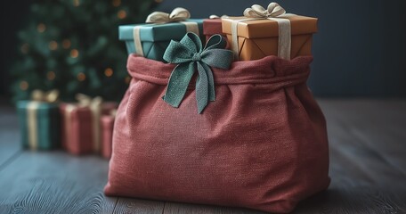 A vibrant red sack brimming with beautifully wrapped gifts sits against a cozy backdrop, capturing the spirit of holiday celebrations