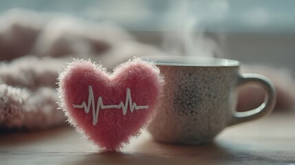 Soft pink fabric heart with white heartbeat soft fabric heartbeat on the background of a cup of tea. A soft pink heart cloth with a white heartbeat pattern is placed in front of a steaming cup of tea.