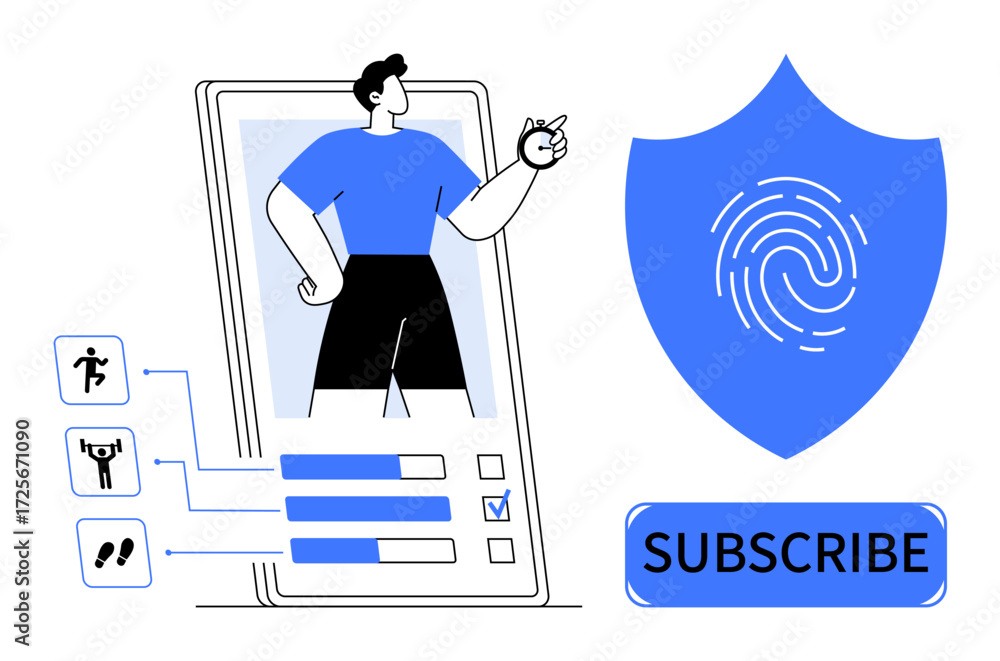 Poster man on mobile screen selecting health activities, shield with fingerprint, and subscribe button. ide