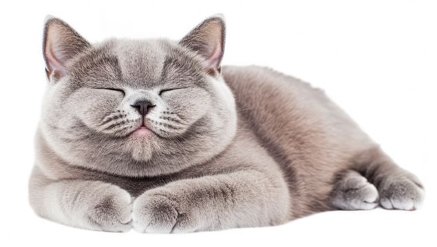 A fluffy. content cat lounging peacefully on a soft surface. its relaxed demeanor and adorable features. with a bright. clean background enhancing its charm