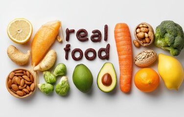 Fresh, natural ingredients showcase the concept of real food on a white surface