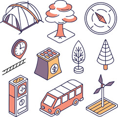 Explore sustainable living with this charming isometric icon set perfect for environmental campaigns and promoting eco-friendly travel and energy solutions