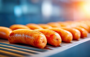 Quality sausages on assembly line during food production in a factory setting