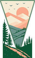 Serene mountain vista at sunrise with birds flying, rendered in a modern vintage style, perfect for travel, nature and outdoor brands, originally vector
