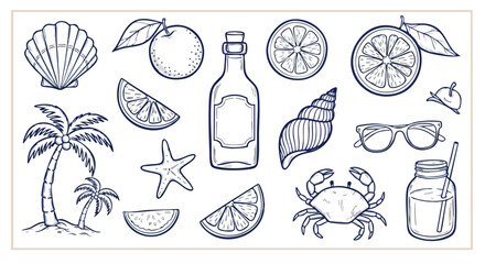 Dreamy summer vacation vibes with tropical elements, citrus fruits, and refreshing drinks, perfect for travel posters or stylish summer promotions