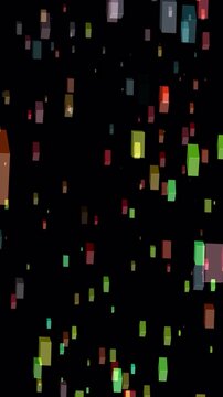 Multitude colorful translucent cubes in a posterized pixelated composition. Ideal for book covers, event posters, and abstract vertical backgrounds design.