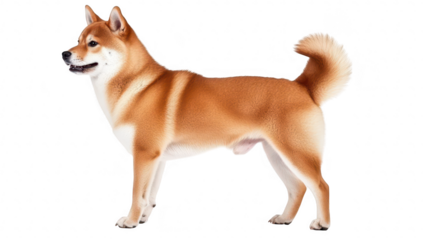 A beautifully groomed Shiba Inu stands elegantly against a clean white background. its fluffy coat and alert expression. ideal for pet-related content or advertisements