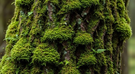 Fototapeta premium Mossy tree bark textured with lush green growth and small ferns in a forest setting