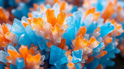 Close-up of vibrant blue and orange crystalline structures in abstract formation