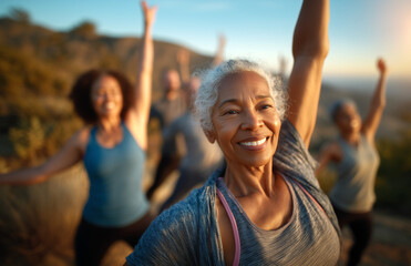 Vitalidad y alegría mientras las personas mayores disfrutan del bienestar al aire libre. Un grupo feliz de adultos mayores se ejercita al aire libre con los brazos extendidos.