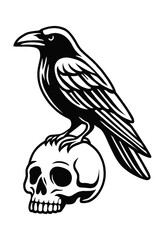 Fototapeta premium Black Raven or Crow Perched on Skull Vector Icon - Gothic Death Symbol Design