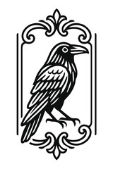 Naklejka premium Black Raven or Crow in Ornate Frame Vector Logo Icon - Vintage Mystical Emblem Design