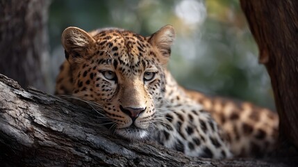 Fototapeta premium A majestic leopard rests on a tree branch its spotted coat detailed against a blurred natural background