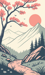 Stunning mountain landscape with cherry blossom tree, serene sunset, and winding river creates a peaceful, artistic atmosphere. Fresh air and escape concept