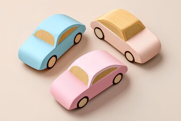 Wooden children's toy cars in pastel colors, featuring a blue, pink, and beige design, arranged artistically on a soft surface, perfect for imaginative play and early development