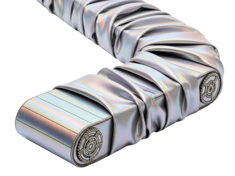 Abstract industrial conveyor belt wrapped in shiny silver fabric on a transparent background