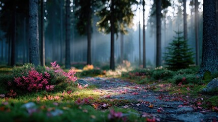 Sunlit Autumn Forest Path with Colorful Leaves and Mist Illuminated by Golden Light