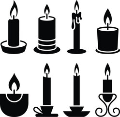 Elegant collection of monochrome candle silhouettes, perfect for illustrating concepts of light, hope, peace, or festive occasions in a minimalist style