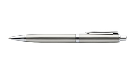 Sleek metallic ballpoint pen, a plain object for writing or office use, isolated on a clean white background with no shadow, logo, or text
