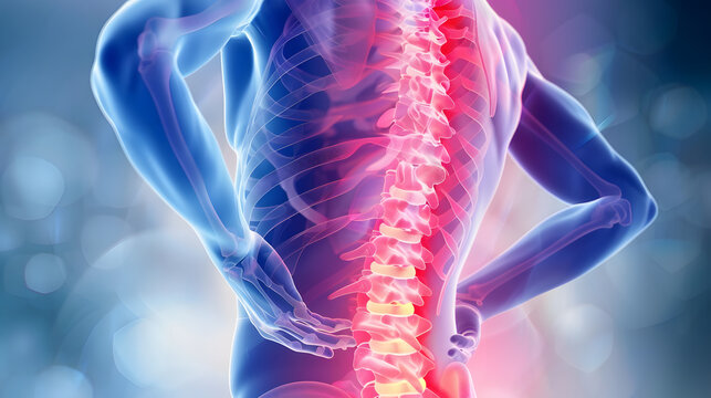 Posture of back pain,Back Pain, Spinal Anatomy, Human Skeleton, Sciatica, Lumbar Discomfort, Vertebral Column, Medical Illustration, Pain Relief, Chiropractic Care, Posture Health - Powered by Adobe